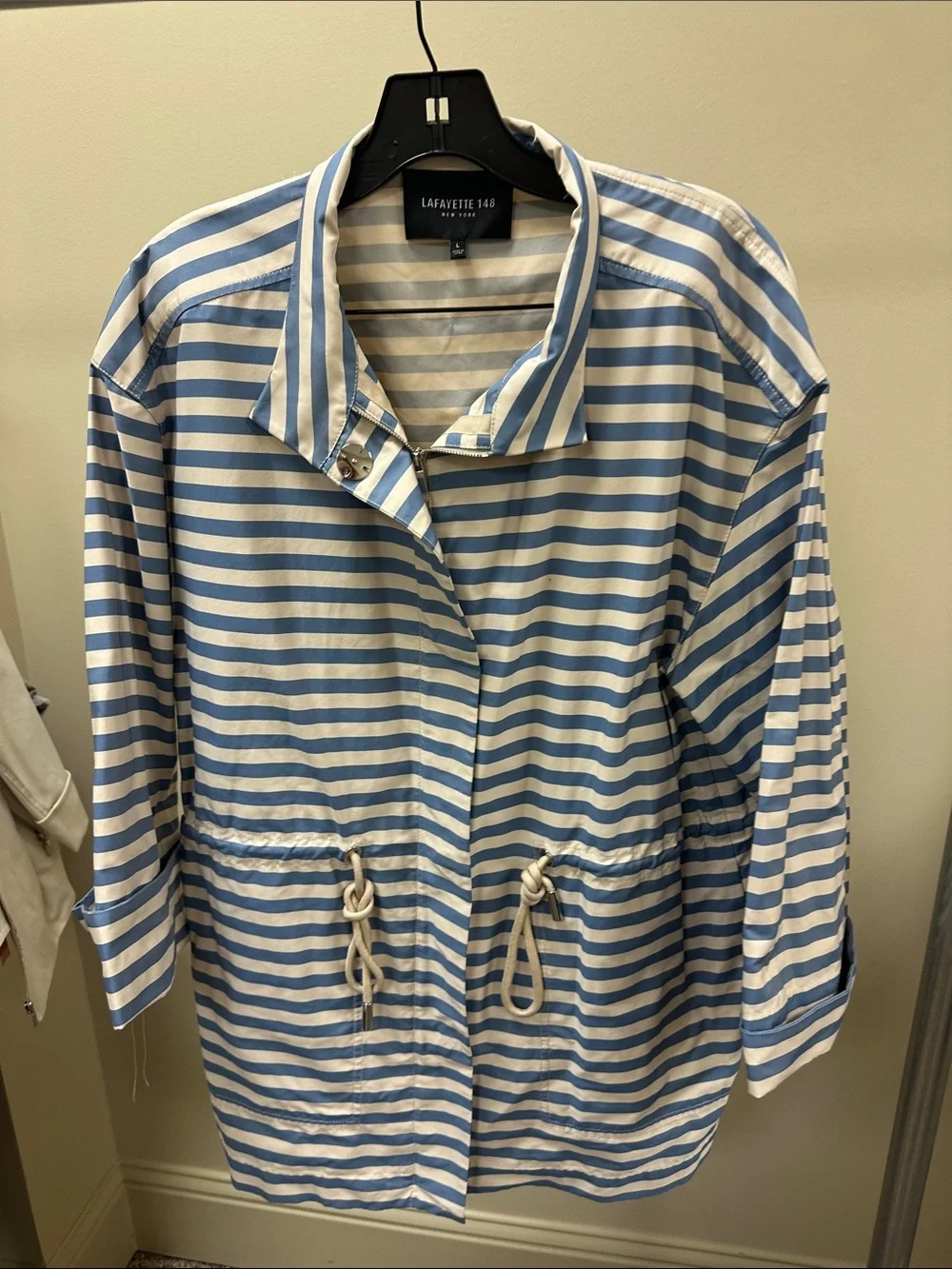 Lafayette 148 New York Light Blue and White Striped Drawstring Jacket